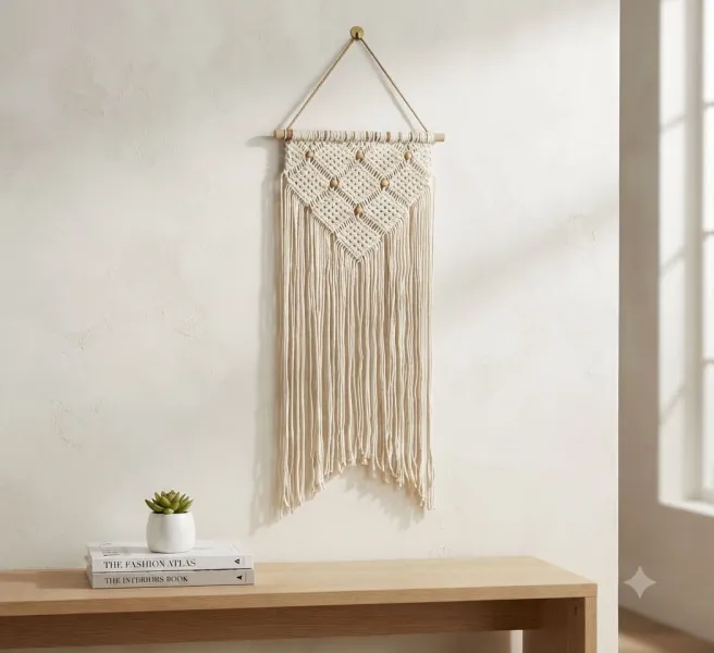 Handmade Bohemian Macrame Wall Hanging with Wooden Beads – Natural Cotton Woven Tapestry for Living Room, Bedroom & Home Decor